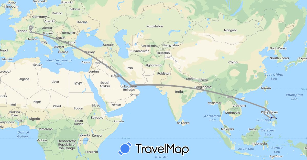 TravelMap itinerary: driving, plane, boat in United Arab Emirates, Switzerland, Philippines (Asia, Europe)